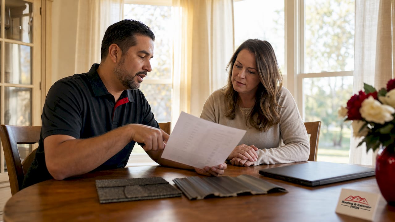 Homeowner meeting about roofing costs