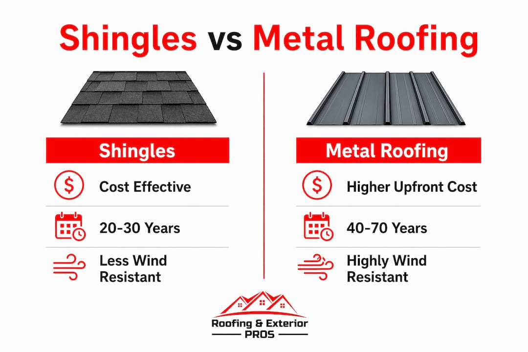 Infographic comparing shingles and metal roofing