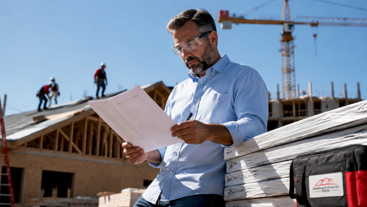 Contractor reviewing roofing specification document