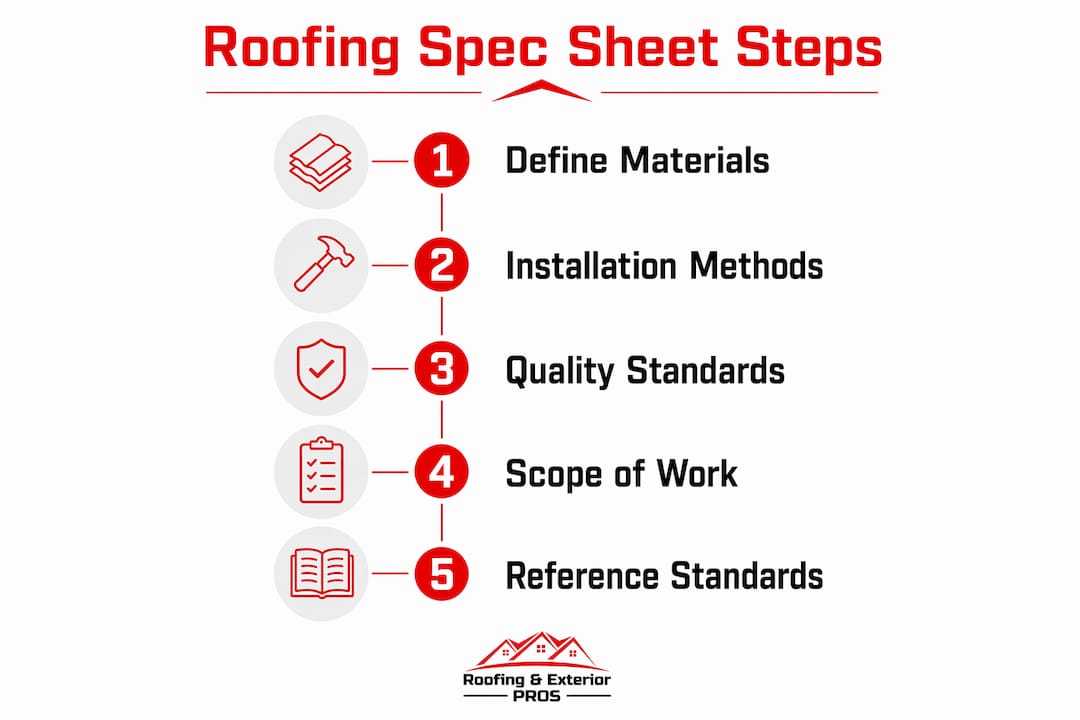 Infographic showing roofing spec sheet key steps
