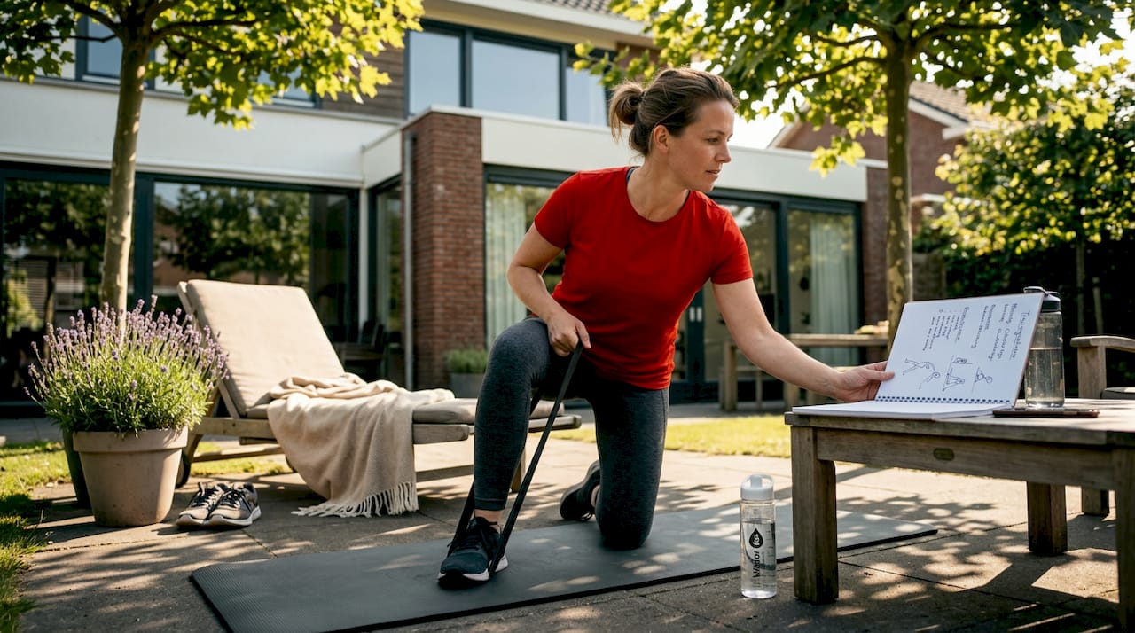 Een vrouw doet haar fysiotherapie-oefeningen in de woonkamer.