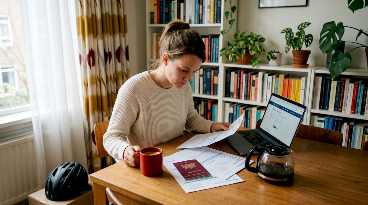 Een expat verzamelt in zijn appartement de benodigde papieren voor fysiotherapie.