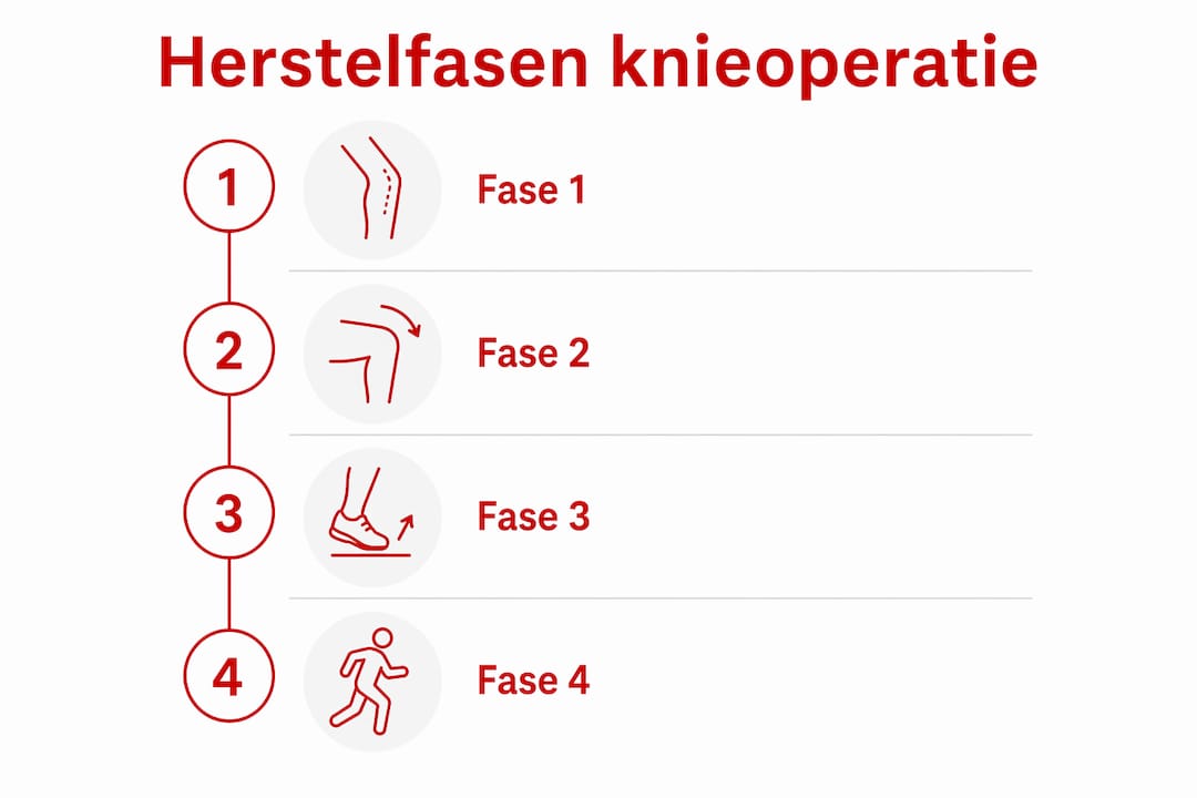 Overzichtelijke infographic van het revalidatieproces na een knieoperatie, verdeeld in vier duidelijke stappen.