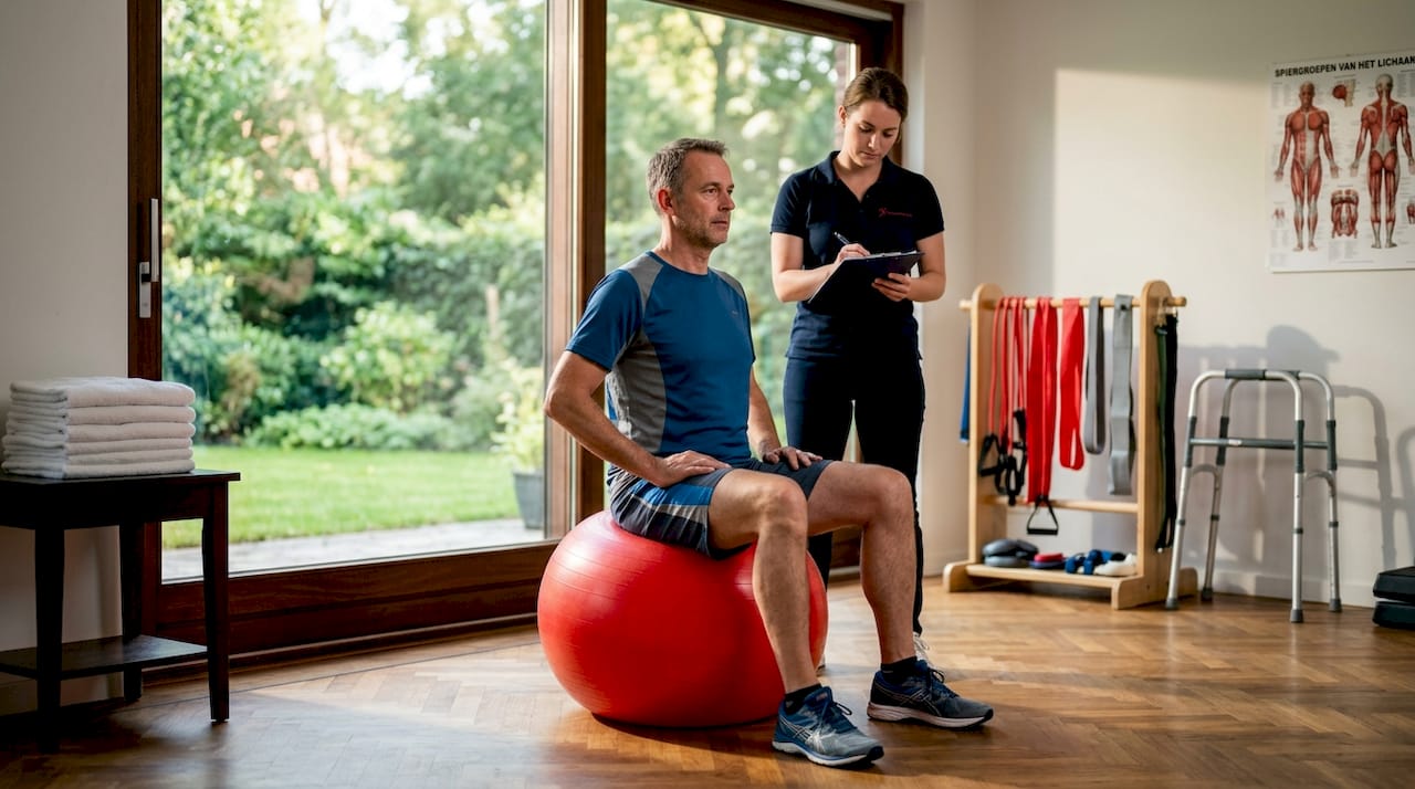 De patiënt is bezig met zijn fysiotherapie-oefeningen.
