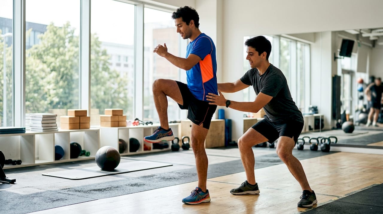 De fysiotherapeut ondersteunt de sporter bij het uitvoeren van de warming-up.