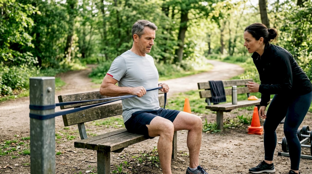 Een sporter werkt samen met een fysiotherapeut aan krachttraining in de praktijk.