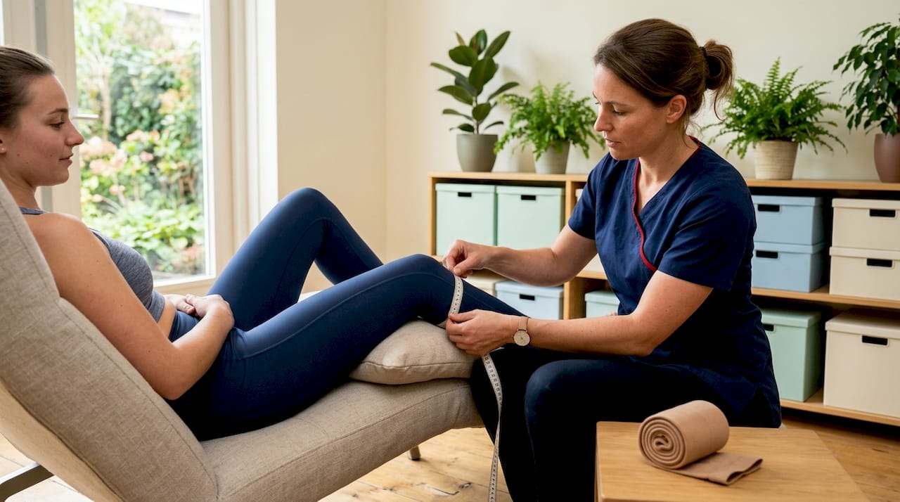 De fysiotherapeut neemt de maat van je knie om een passende compressiekous aan te kunnen meten.