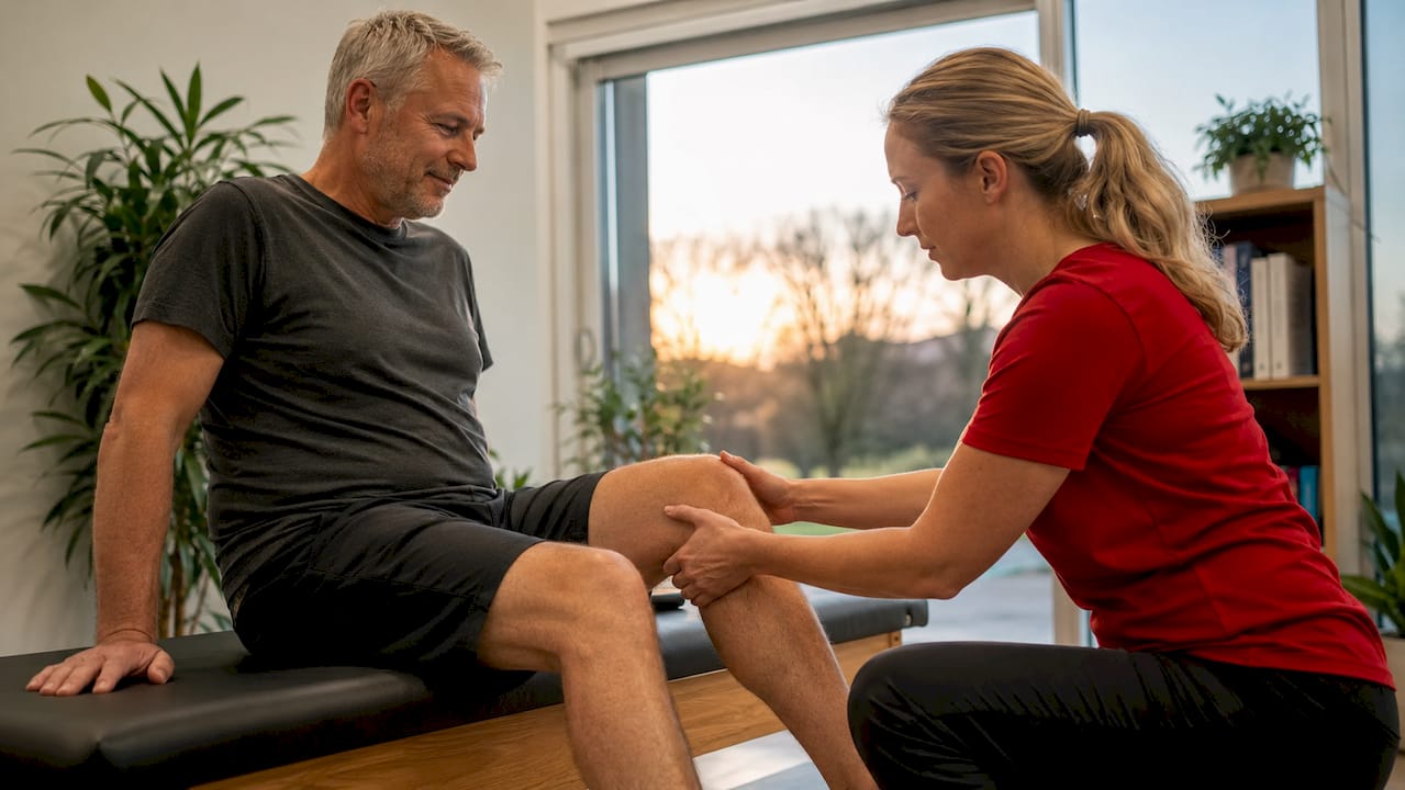 Een vrouwelijke fysiotherapeut bekijkt een mannenknie tijdens het onderzoek in de praktijk.