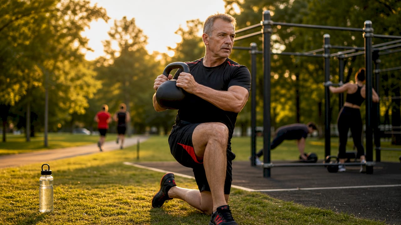 Een man traint zijn kracht en uithoudingsvermogen met een kettlebell.