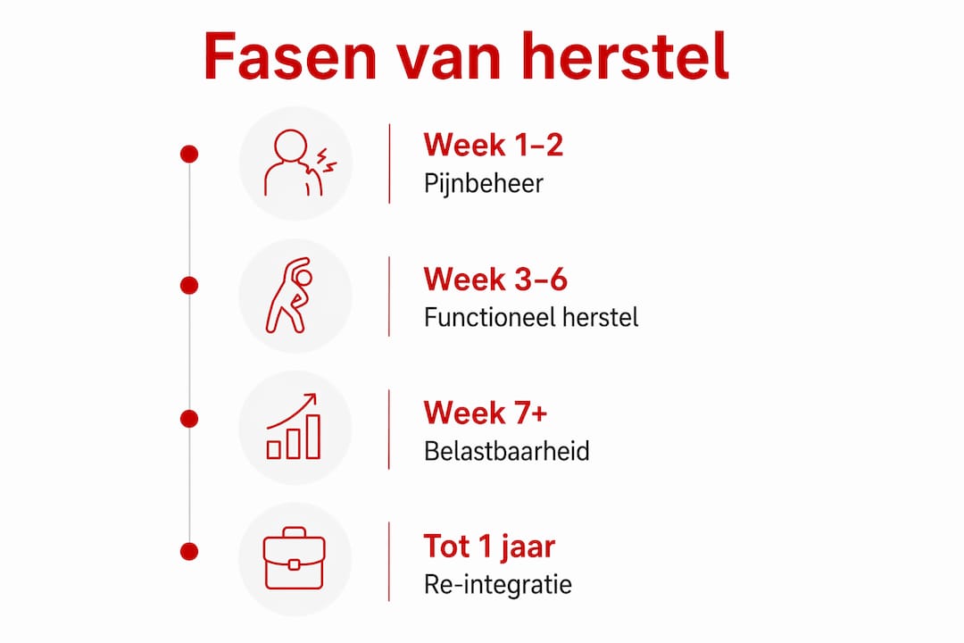 Overzicht: Herstelstappen bij whiplash en de doelen per fase