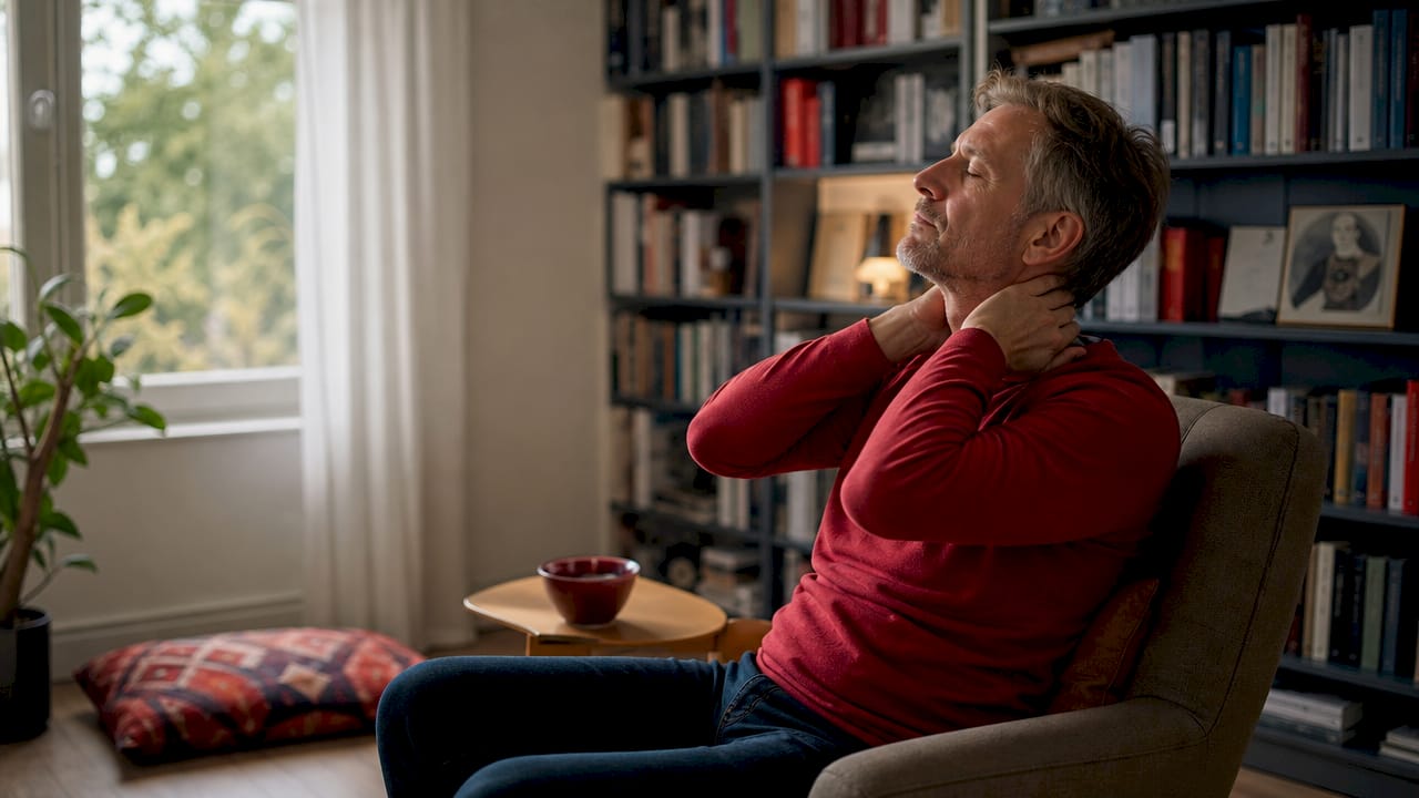 Man doet rekoefeningen voor zijn nek in de woonkamer