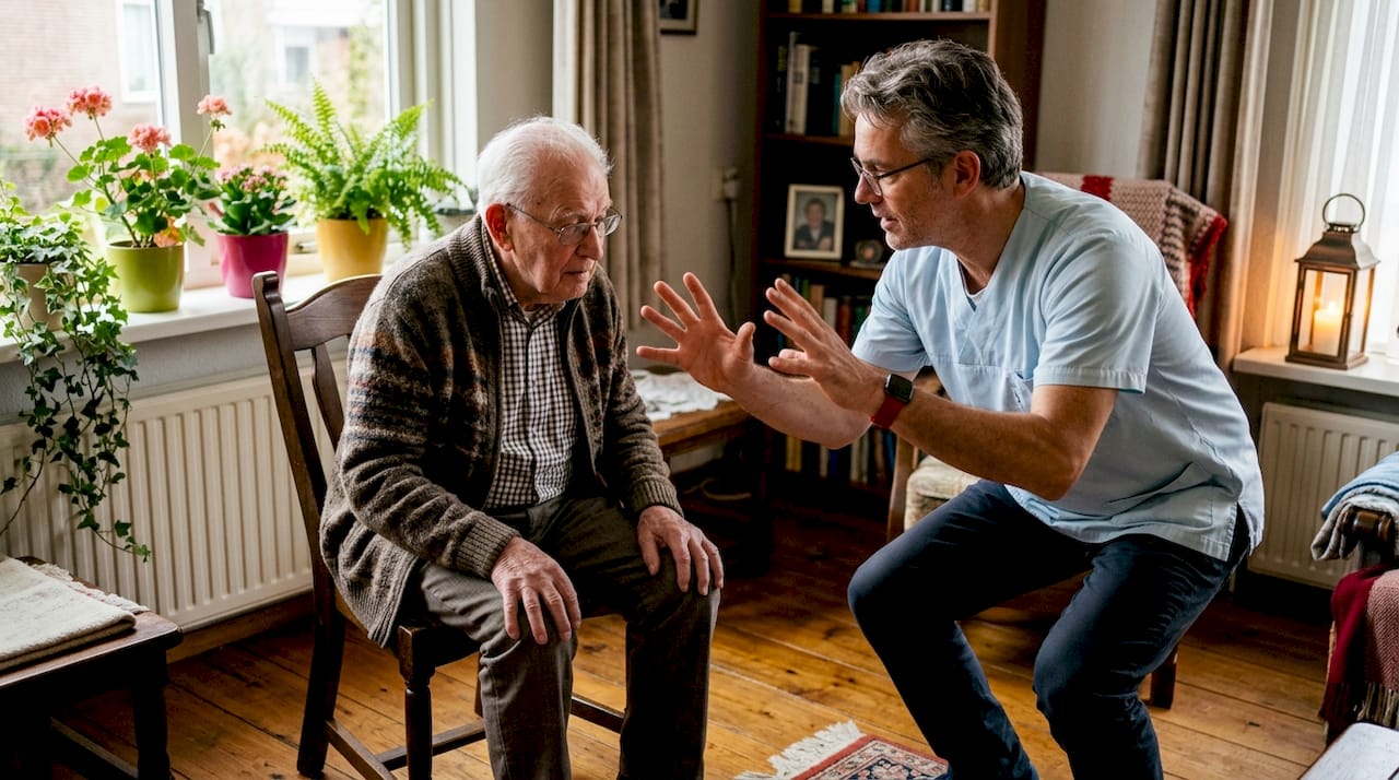 Een geriatrisch fysiotherapeut helpt een oudere patiënt bij het uitvoeren van balansoefeningen.