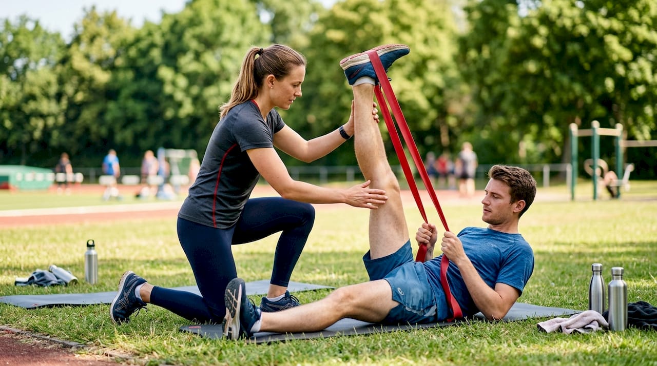 Een sportfysiotherapeut helpt sporters om na een blessure weer verantwoord op niveau te komen.