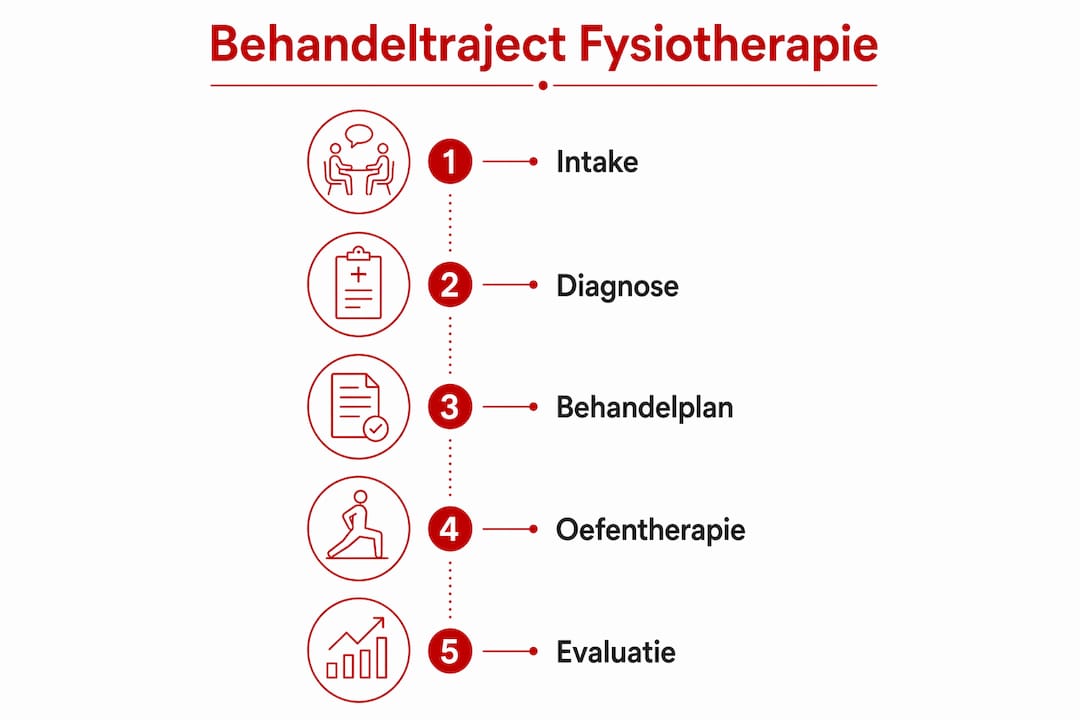 Overzichtelijke infographic met de verschillende stappen binnen een fysiotherapeutisch behandeltraject