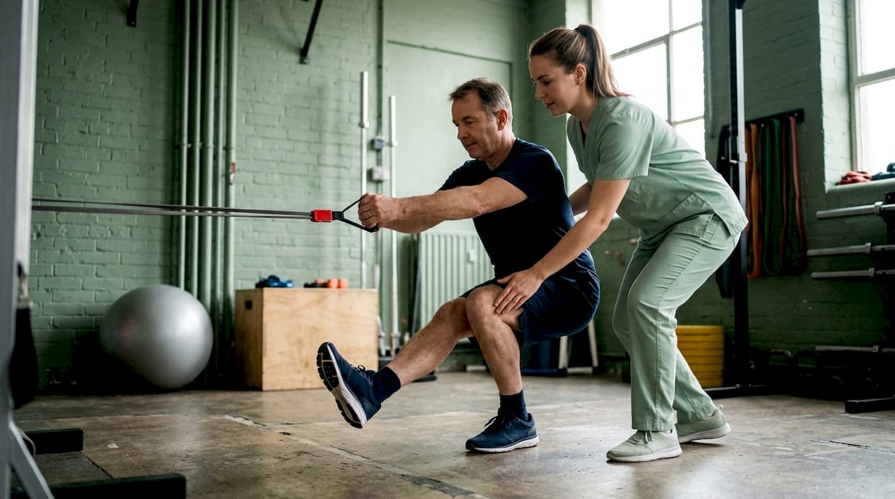 Een vrouwelijke fysiotherapeut begeleidt een patiënt bij het doen van knie-oefeningen.