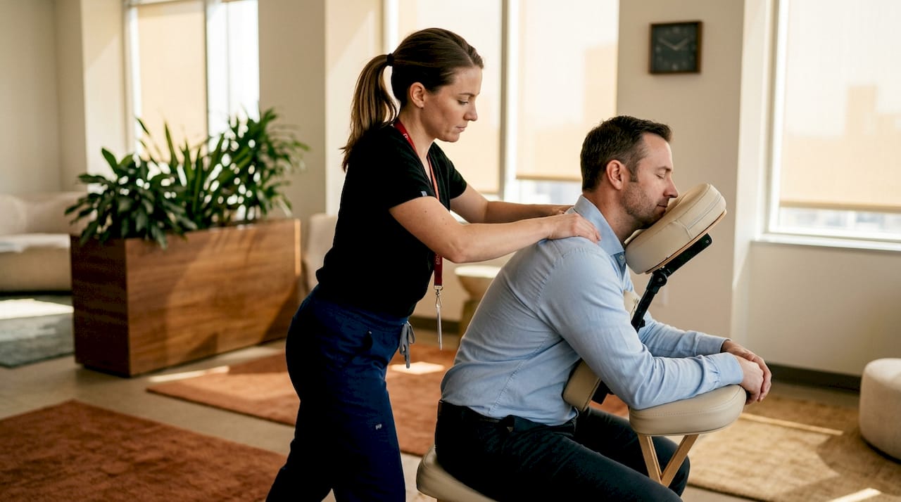 Gecertificeerde therapeut verzorgt stoelmassages op kantoor