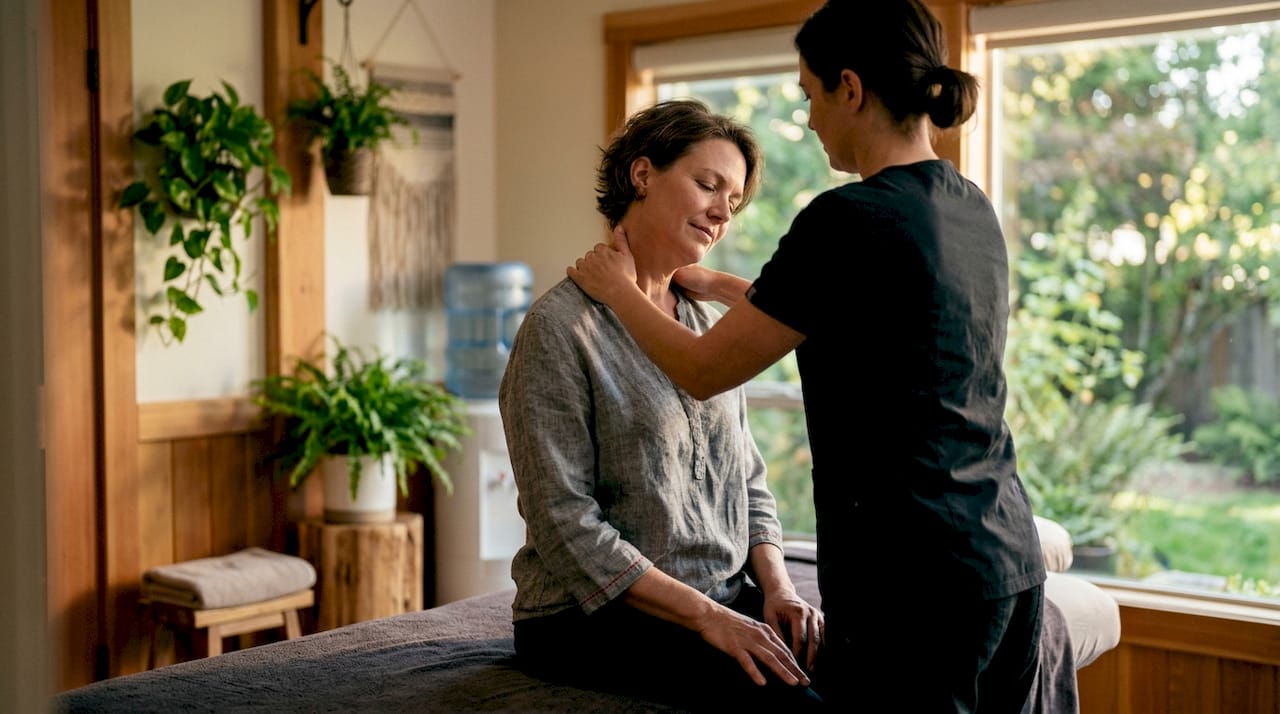 Een kantoormedewerker geniet van een ontspannende massage voor nek en schouders.