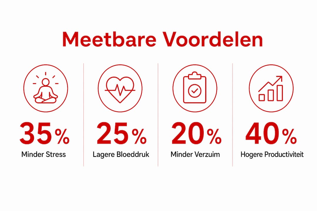 Overzichtelijke infographic met concrete voordelen van bedrijfsmasseages: van minder stress tot hogere productiviteit en een betere sfeer op de werkvloer.