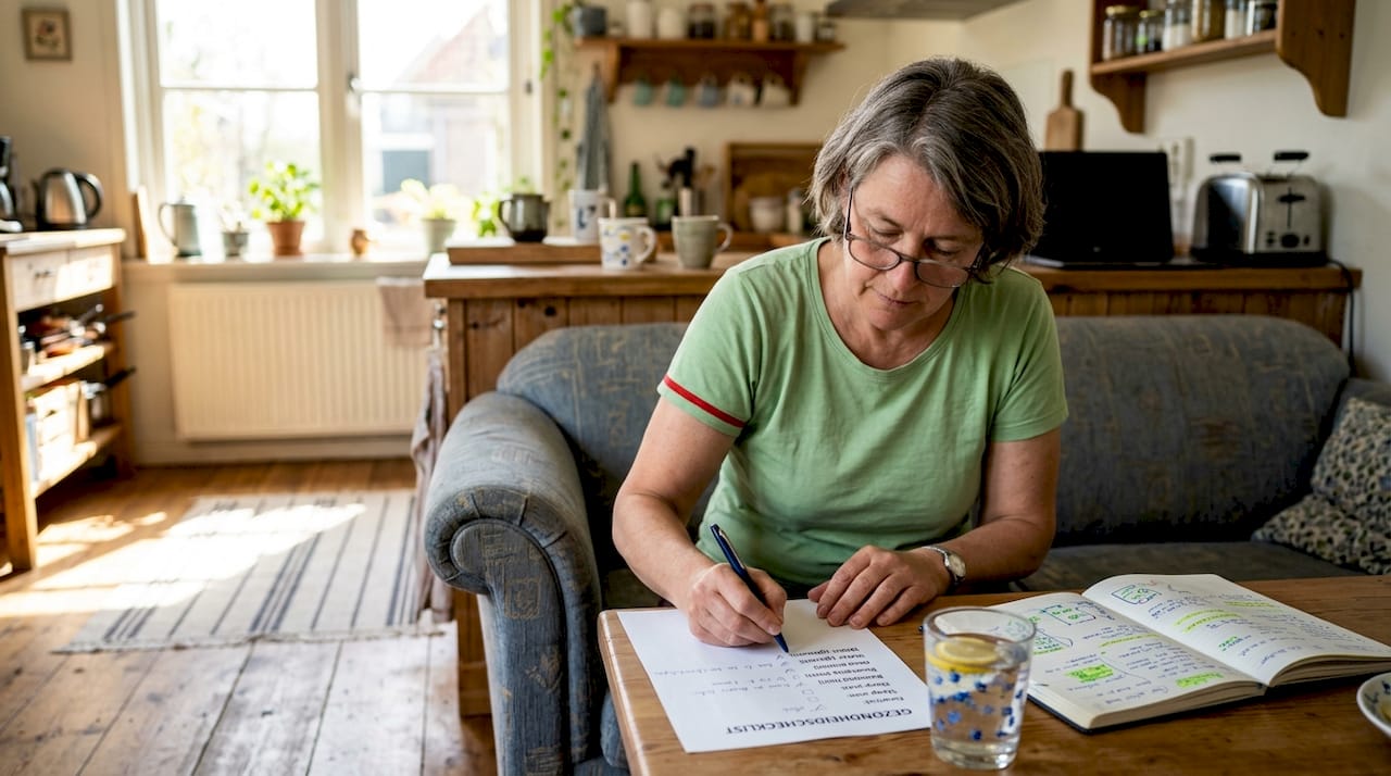 Thuis neemt een vrouw rustig de tijd om haar preventiechecklist in te vullen.