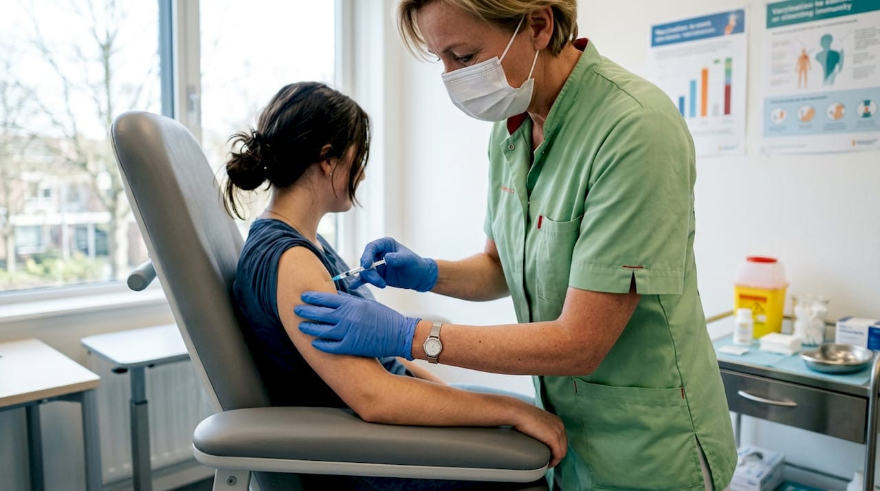 In de kliniek zet een verpleegkundige een vaccinatie bij een patiënt.