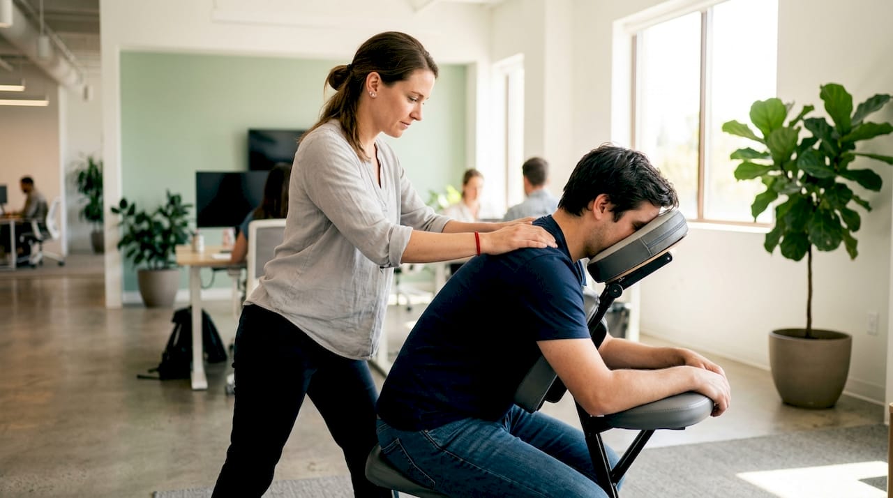 Een vrouwelijke masseuse komt langs op kantoor voor ontspannende bedrijfsmassages.