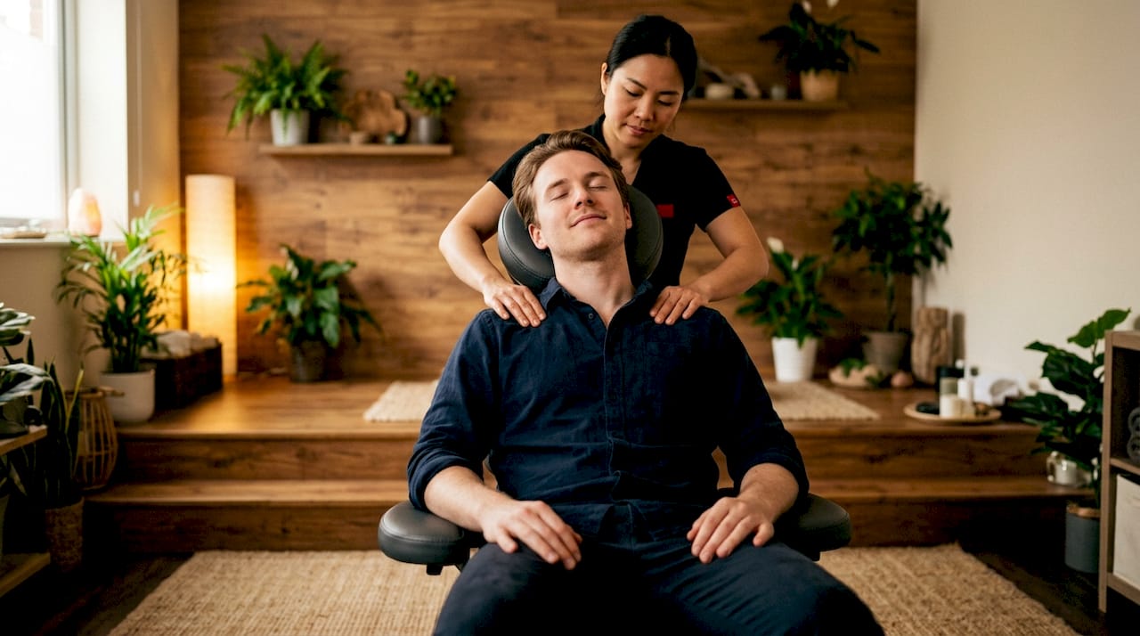 Een man ontspant terwijl hij een rugmassage krijgt in een massagestoel.