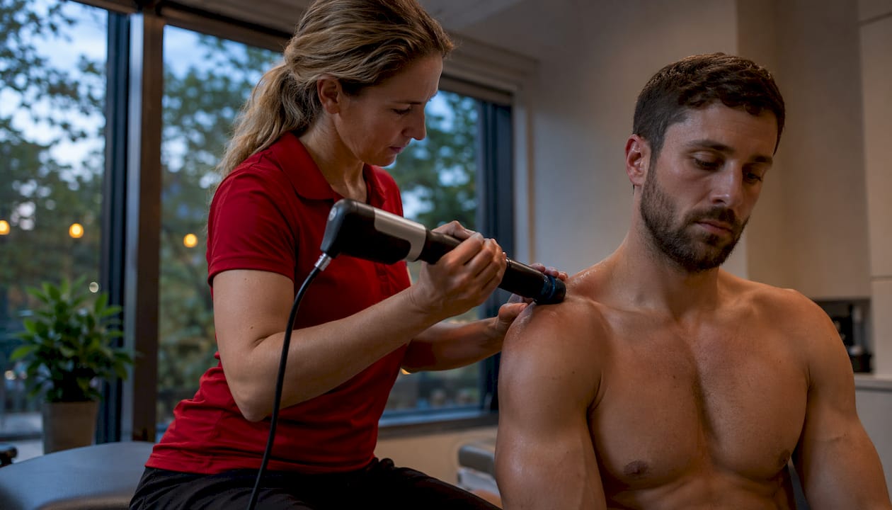 Een fysiotherapeut behandelt een schouder met shockwave therapie.