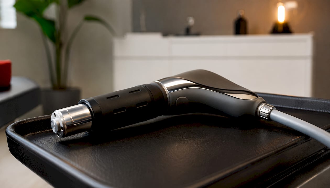 Detailopname van een shockwave-apparaat op een instrumententafel