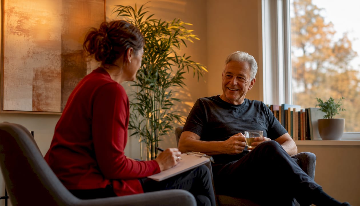 Een fysiotherapeut geeft advies aan een oudere dame tijdens een consult.