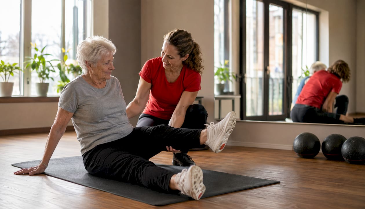 Een oudere dame krijgt begeleiding tijdens haar fysiotherapie-oefeningen.