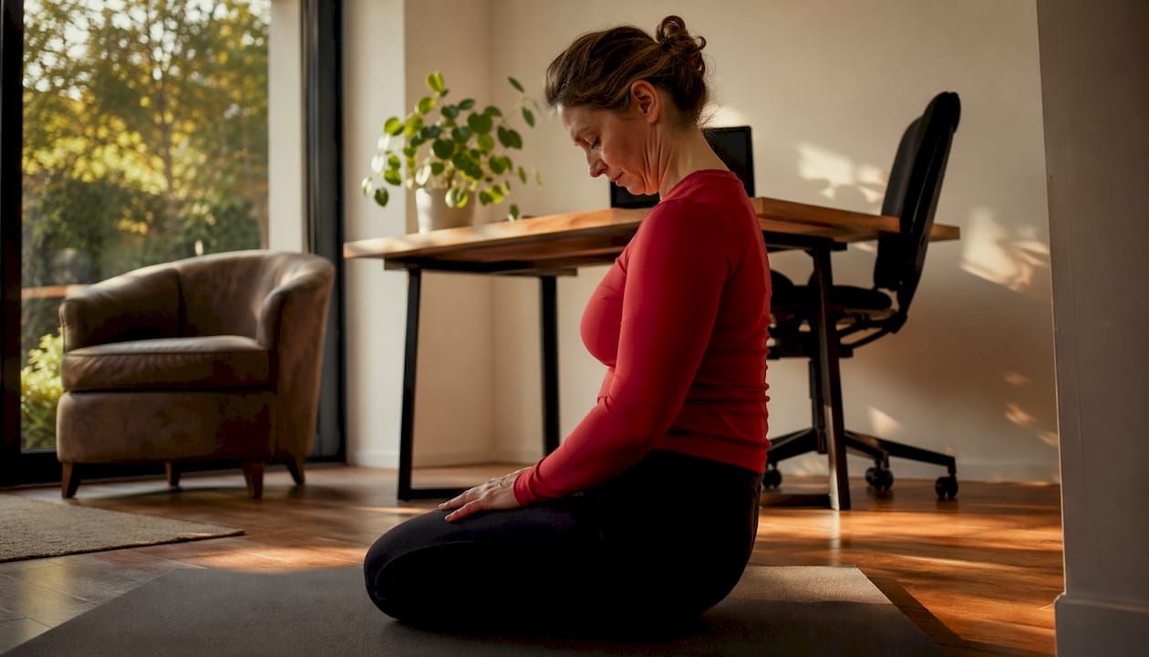 Een vrouw doet thuis een kin-in-trek oefening om haar houding te verbeteren.