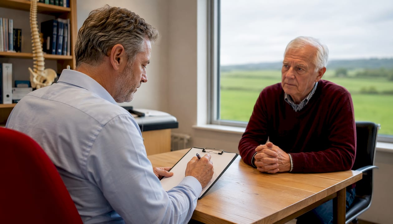 De huisarts maakt aantekeningen tijdens het consult over rugpijn.