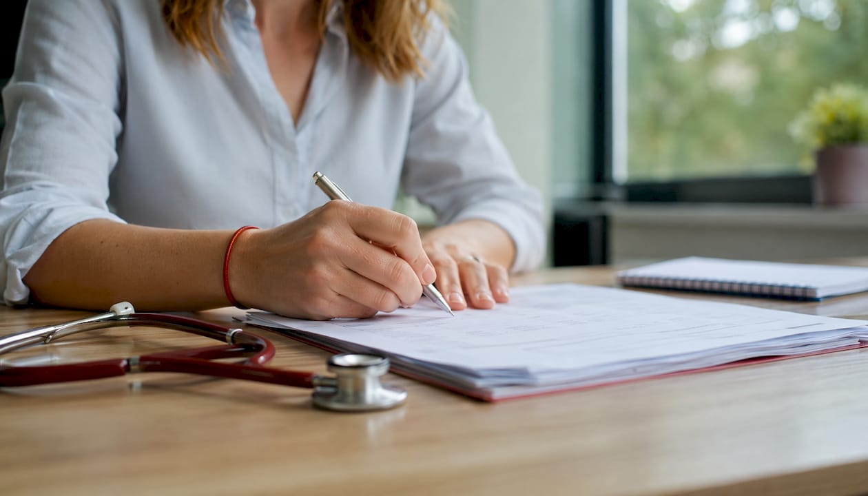 Een arts bekijkt de bijsluiters van verschillende medicijnen om zich goed te informeren over de werking en mogelijke bijwerkingen.