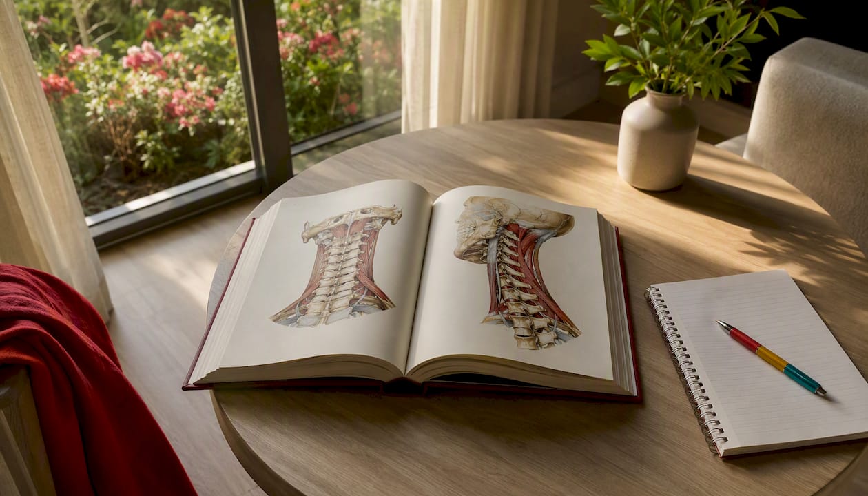 Detailopname van een anatomieboek met de wervelkolom in beeld.
