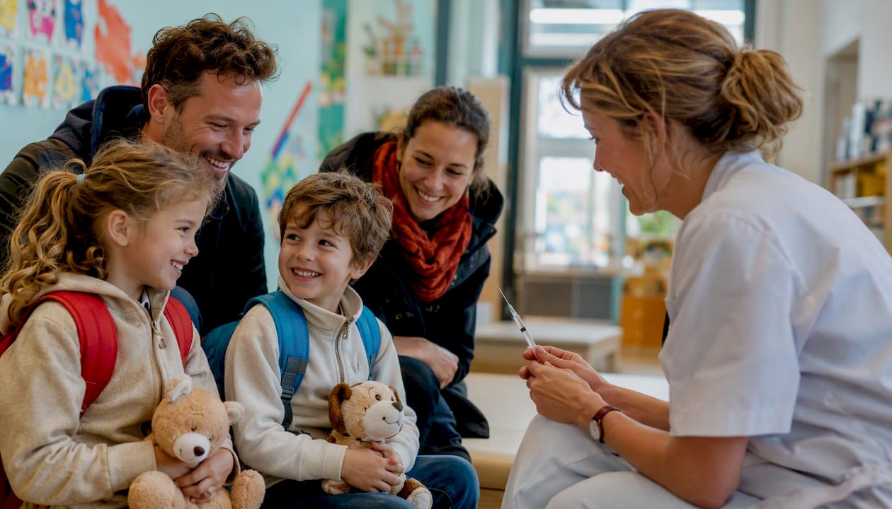 Een groepje kinderen staat voor de school te wachten tot ze aan de beurt zijn voor hun prik.