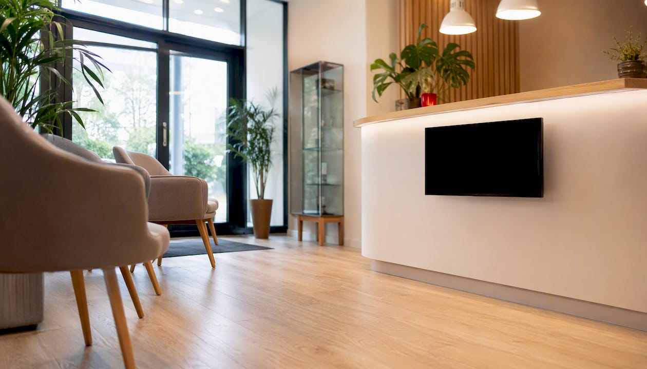 Een stijlvolle en uitnodigende ontvangstruimte van een moderne fysiotherapiepraktijk.