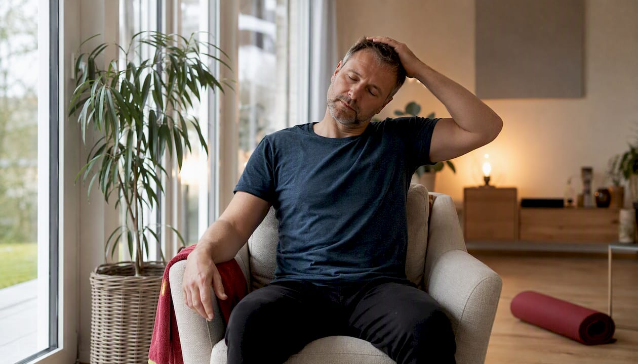 Iemand die thuis zijn nek soepel houdt met een paar eenvoudige oefeningen