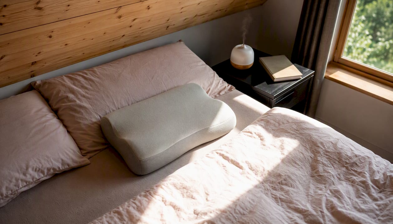 Een ergonomisch nekkussen ligt klaar op het bed