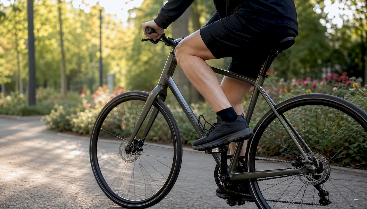 Iemand die rustig buiten aan het fietsen is om te herstellen na een blessure.
