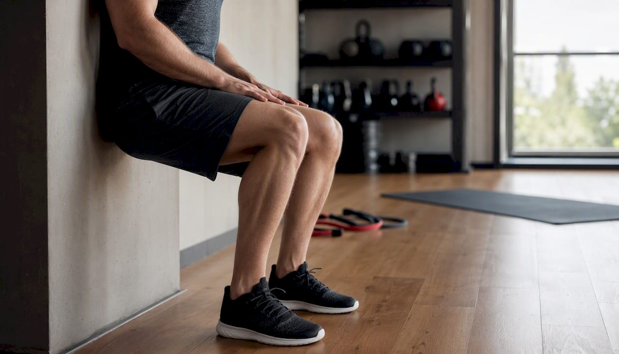 Ben je bezig met een wall sit? Dan span je je benen stevig aan terwijl je tegen de muur zit, alsof je op een onzichtbare stoel zit. Deze oefening vraagt om flinke kracht en doorzettingsvermogen in je bovenbenen!