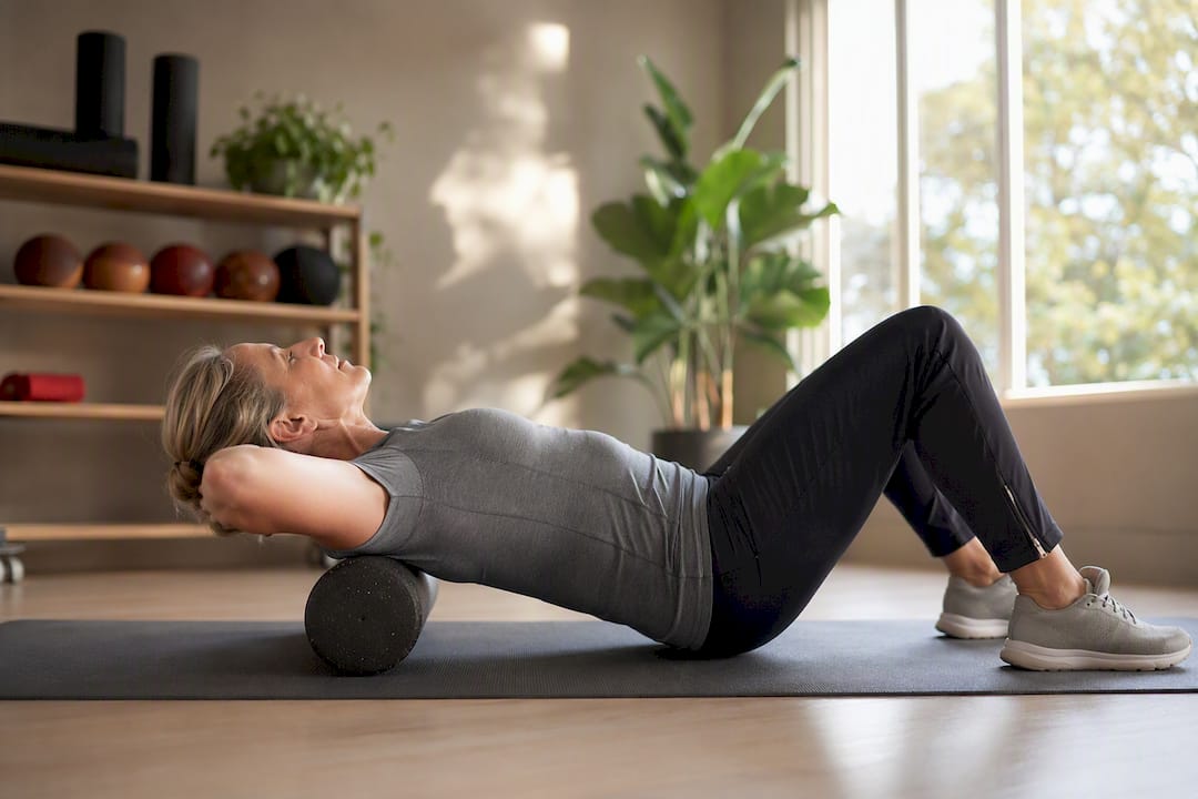In de fysiotherapieruimte rolt iemand zijn bovenrug los met een foamroller.