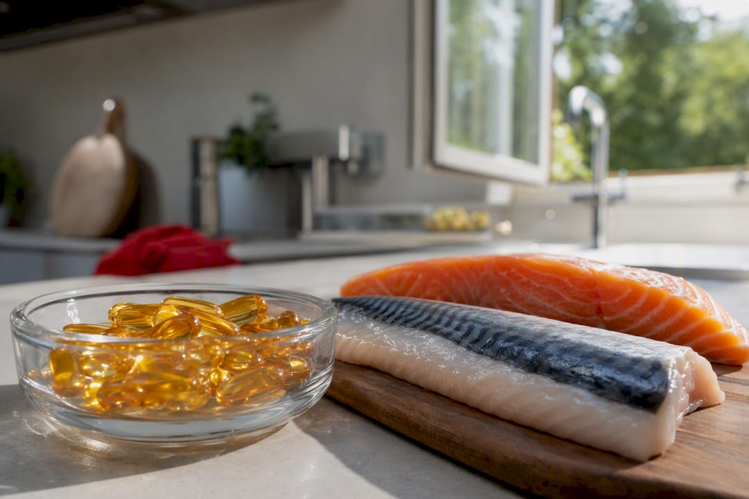Zalm- en algenoliecapsules op het aanrecht