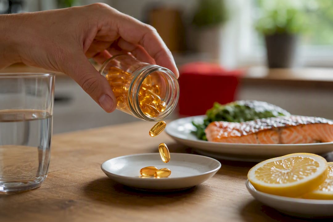 Omega-3 capsules en gegrilde zalm op een bord