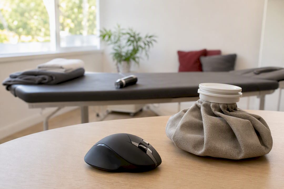Ergonomische muis en koelkompres op de hoek van het bureau