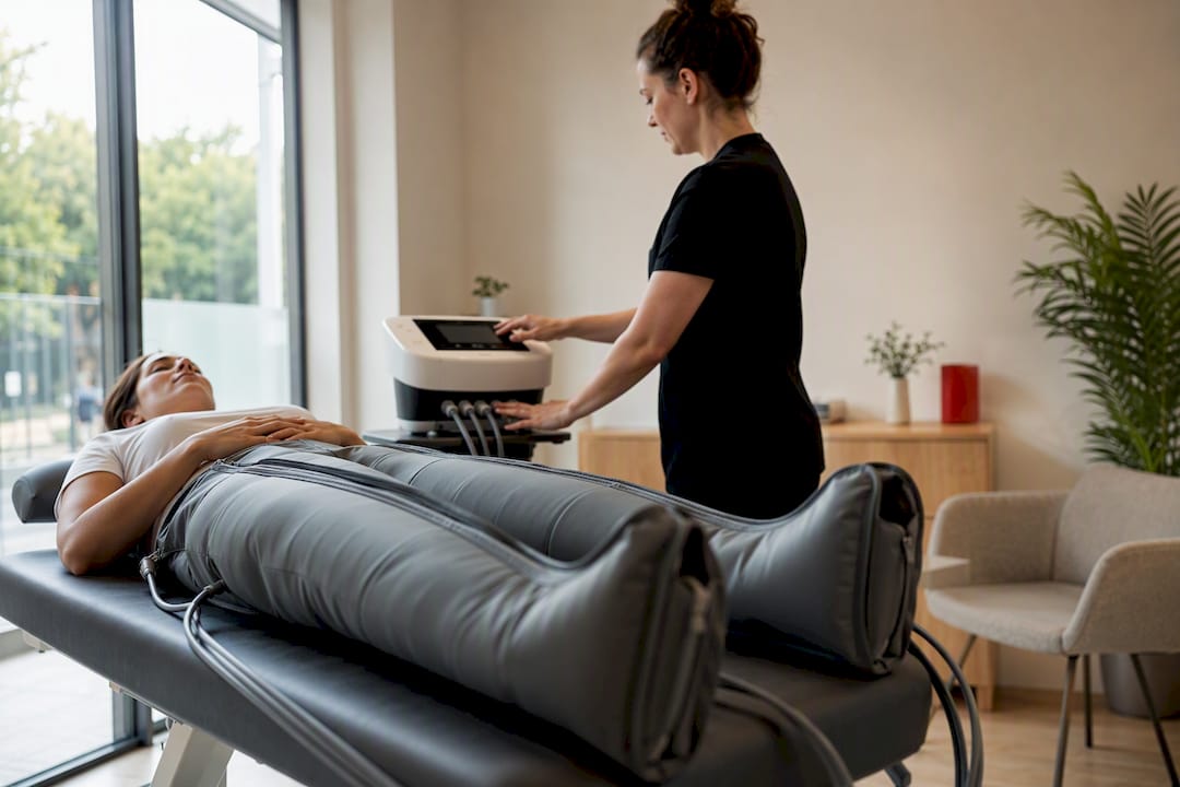 Patiënt ondergaat pressotherapie met compressiemouwen