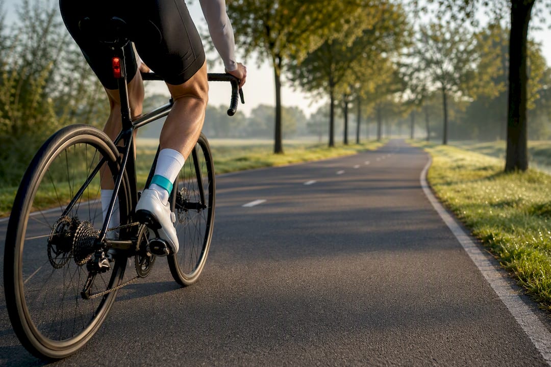 Fietser rijdt rustig met een gecontroleerde trapbeweging