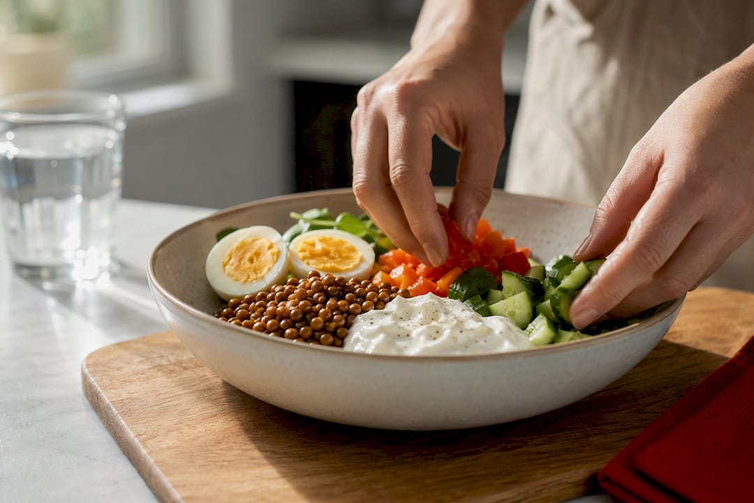 Eiwitrijke maaltijd met ei, linzen en yoghurt