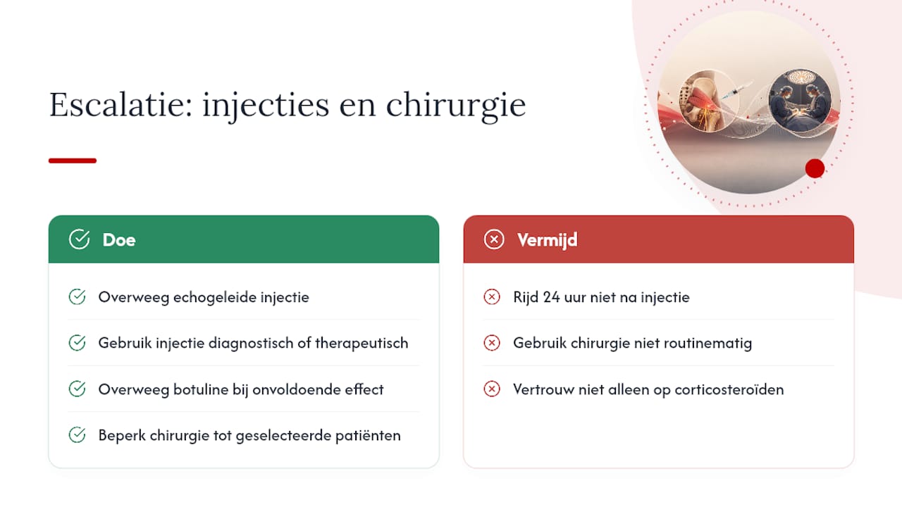 Injecties en chirurgie: wanneer is escalatie nodig? — overview diagram