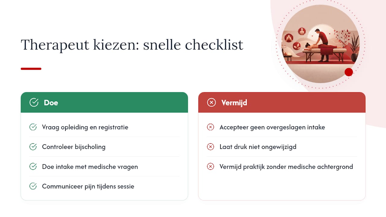 Een gekwalificeerde therapeut kiezen voor diepe weefselmassage — overview diagram