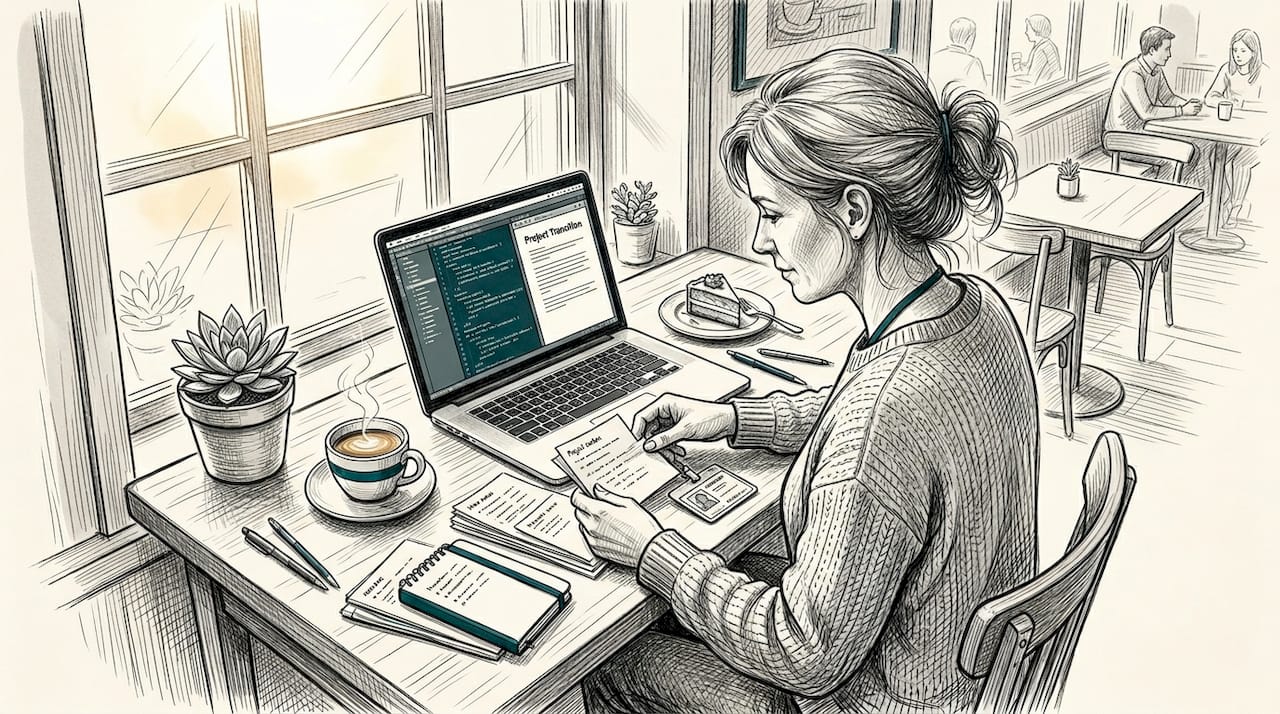 Developer organizing notes before leaving company